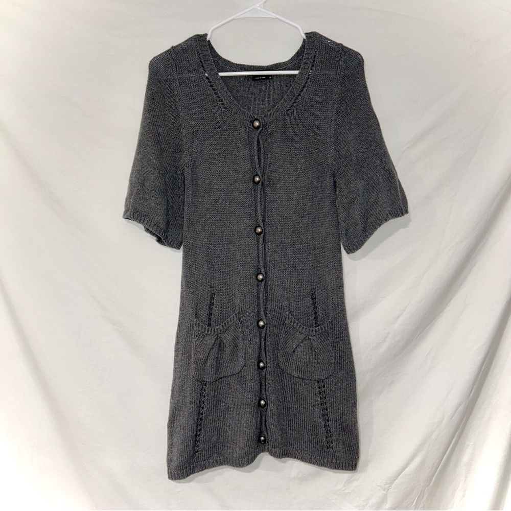 BCBG MAXAZRIA Babydoll Button Down Cotton Wool Knit Sweater Dress in Dark Gray
